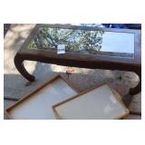 Unique Carved Coffee Table with Glass Top and carved legs (16"x47"x19") & 2 trays