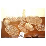 Variety of Glass Serving Pieces - Creamer, Relish Dish, Butter Dish with top, Plate, Cruet jar, Lidded Dish Divided Dish etc.