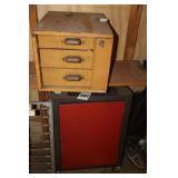 2 Metal Tool Boxes: Gray box (28") has inside storage & Yellow has 3 drawers (some items in drawers)