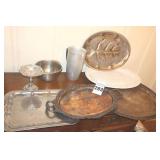 Variety of Silver Plated Items: Several trays, candy dish, Turkey Platter, Aluminum Pitcher, Mixing Bowl etc.