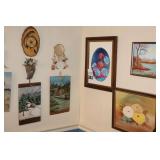 Variety of Hand painted Items: Framed & on wood pieces - some dream catchers