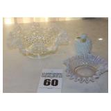 3 Fenton Ruffled Edge Opal Hobnail Translucent Candy Dish, Center Piece Bowl , Jar with Lid, & Glass Stirring Stick