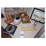 Variety of Inspirational and Decorative Items: Ceramic Frames, Framed Wall Art, Pottery Vase Ceramic Praying Hands, Clock, Porcelain Eagle etc.