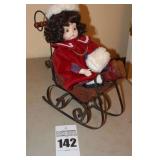 Vintage Kingstate Collector Doll - Porcelain "Just Me - Amanda" in Hat & Muff on Sled