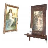 Wood wall shelf (8"x20"x8") & 2 Vintage Wall Art Pieces with Unique Frames (24"x14" & 18"x12")
