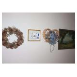 Variety of wall Items: 2 Dried Flower arrangements, Landscaped Framed Wall Art etc.
