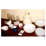 Variety of kitchen/cooking items: some vintage - Lady Cookie Jar, Vintage Davy Crockett cup and bowl, Milk glass serving bowls, additional bowls pitcher etc.