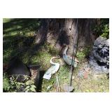 Concrete Boy & Girl yard décor (some damage), planters, shepherd hook ell, cranes, etc.
