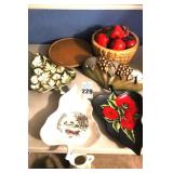 Variety of Handmade Ceramic Items: Grape Design Wall Planter, Bowl with glazed Apples, 3 Handmade Painted Serving Trays (leaf shaped), wood round lazy Susan