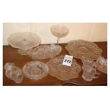 Variety of Glass Serving Pieces -  Pedestal Cake Stand, Tray, Pedestal Candy Dish, Plates, relish bowls, creamer & sugar bowl etc.