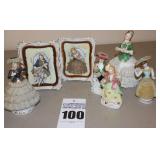 7 Antique Porcelain & Lace Lady Figurines - 2 in porcelain frames