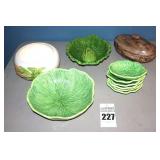 Variety of Handmade Ceramic Items: Large Lettuce Salad Bowl & 6 matching bowls, Additional Serving Bowl (lettuce/corn design) & Potato shaped pot with lid