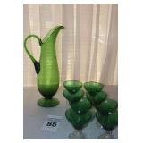 8 Vintage Anchor Hocking Forest Green Boopie Sherbert/Champagne Cups & Hand Blown Made in Italy Pitcher