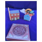 Misc Wooden Shelf Sitters, Wooden Block, Set of Leather Coasters