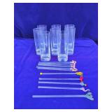 Set of 8 Drink Glasses Possibly From Luigi Bormioli Strauss Collection, 11 Stir Sticks