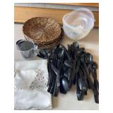 Wicker Paper Plate Holders, Bowl, Plastic Serving Spoons and Christmas Table Runner