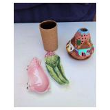 Misc Lot Vase, Terra Cota Candle Holder and 2 Spoon Rests