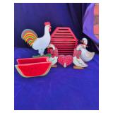 Misc Box. Wood Rooster and Barn, Geese Towel Holder, Ceramic Napkin Holder, Ceramic Goose