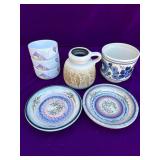 3 Waechterbach Bowls- Germany, 1 Painted Pottery Planter, 1 Vintage German Vase with Handle and 2 Ocmulgee Pottery Deep Plate or Shallow Dish