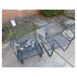 Pair of Metal Outdoor Patio Chairs and assortment of Landscape Solar Lights