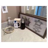 Assorted Bathroom Accessories: Soap Dispensers, Warmer, and Framed Print