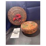 2 - Antique Woven "Sweet Grass Baskets with Lids"   (1 with pink flower on top)
