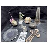 Misc Lot - Cross, Hammered Metal Plate, Antique Sugar Shaker, Small Pottery Pitcher, Salt Shaker,  Antique Edwardian Cottage Trinket Box, Decorated Egg, Ornate Metal Jewelry Box