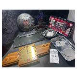 Packard Clock, Chevy Clock, two magnet trays, Stain Glass Car, Car Polish, 2 License Plate Covers 1 is a Parkard