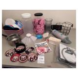 Antique Basket, Hwy 66 Coasters, Wall Towel Holder, Large Container of Sweet & Low, Misc Lids