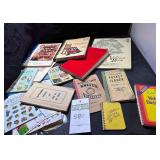 Assortment of Cook Books, Stickers, Dictionary, Vintage Ledger, Time Book and Address Book. Vinegar Book