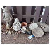 3 Small Bird Baths, Planters, Concrete little girl, Rabbit Planter,