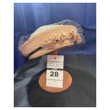 Hat - Antique Straw Bonnet with a Veil & Black Ribbon with Velvet Flowers