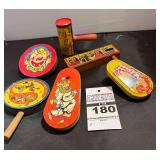 6 Vintage Tin Litho Noise Makers (1920 -1930)