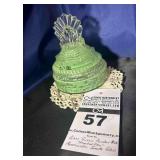 Antique Vaseline Glass Powder Puff, Ornate Clear & Green Glass