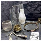 Misc Oil Lamp Items,  3 chimneies, 1 Wall Holder, Burner, Wick, Clear Dietza Glass