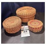 3 - Antique Woven "Sweet Grass Baskets with Lids"  Nesting