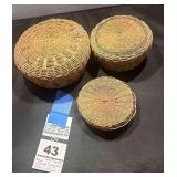 3 - Antique Woven "Sweet Grass Baskets with Lids"  Nesting