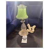 Antique Vaseline Glass Bedside Lamp, Ornate Clear & Green Glass