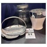 Aluminum Flowered Basket Candy Dish with Handle, Edible Vase, & Vintage Hoosier Glass Jar