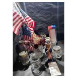 Mason Fruit Design Jars, bobble Head Sam, Flags,