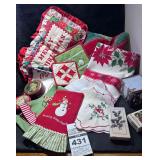 Misc Christmas Items - 2 Pillows, Hand Towels, Pot Holders, Table Cloth, Antique Christmas Tins