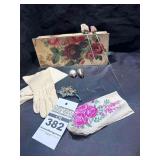 Antique Box Hat Pins, Brooch, Gloves & Handkercheif