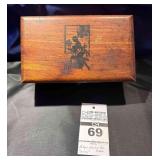 Vintage Art Deco Wood Box with A Black Picture on the Lid.