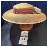 Hat - Wide Brim Tight Weave Straw, with Mauve Ribbon and White Silk Flowers