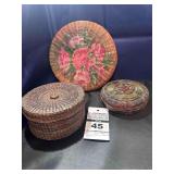 3 - Antique Woven "Sweet Grass Baskets with Lids"