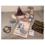 2 Vintage Lamp Shades, Vintage Timex Watch, 1962 Vandy vs Ky program, letter opener, Antique door knob, Shell, Vintage riding spur, "L" Pen, Wall Picture Antiques Friends,