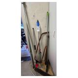 Lot of Tool, Metal Rake, Broom base, Ice Scrapper, Hack Saw, Shelfes,