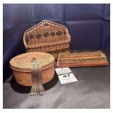 3 - Woven "Sweet Grass Items"  1 Baskets with Lids  1 - mail caddy, 1 smaill woven tray on a wood base