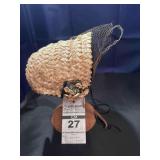 Hat - Antique Straw Bonnet with a Veil & Trimmed in Black with Velvet Flowers