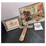 Antique / Vintage - Picture with chain frame, Picture frame with an antique post card, Cross